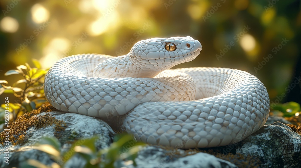Fototapeta premium White snake resting on rocks in a sunlit forest
