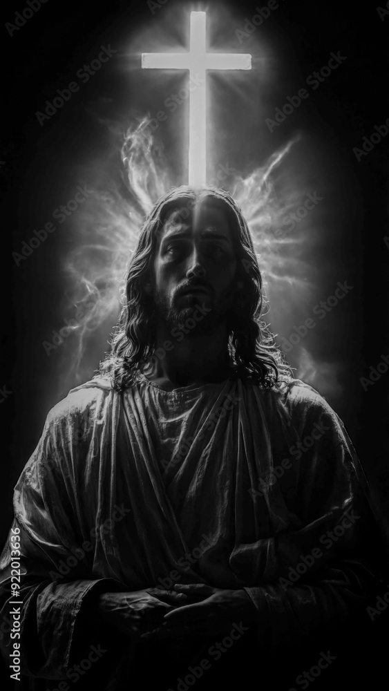 Divine Resurrection: The Risen Lord Jesus Christ Against the Cross in Monochrome. Divine Resurrection: The Risen Lord Jesus Christ Against the Cross in Monochrome.