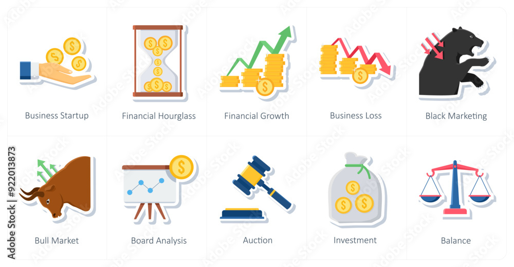 A set of 10 office and business icons as business startup, financial hourglass, financial growth A set of 10 office and business icons as business startup, financial hourglass, financial growth
