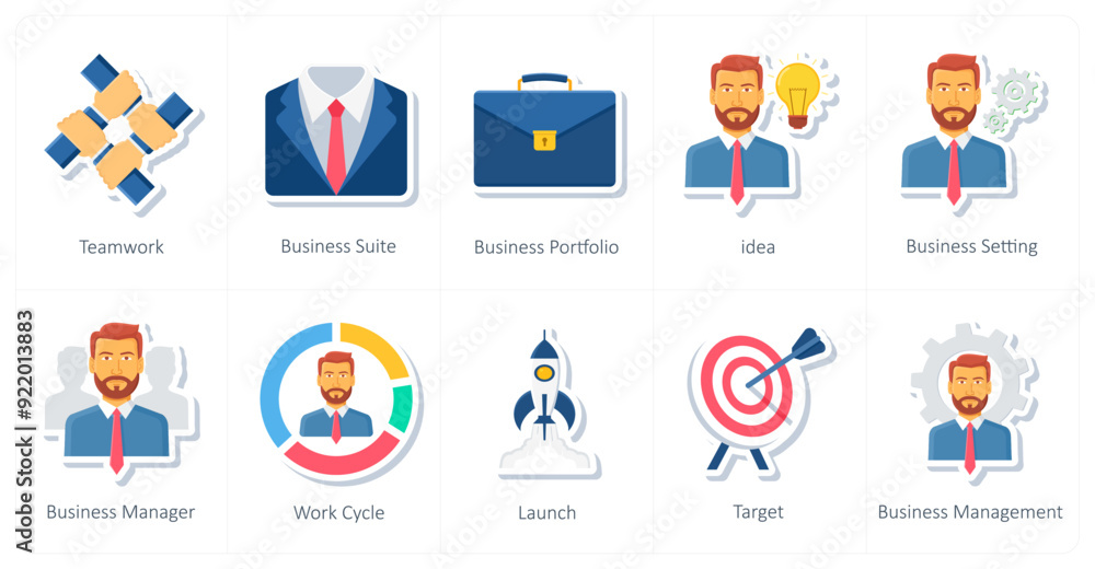 A set of 10 office and business icons as teamwork, business suite, business portfolio A set of 10 office and business icons as teamwork, business suite, business portfolio