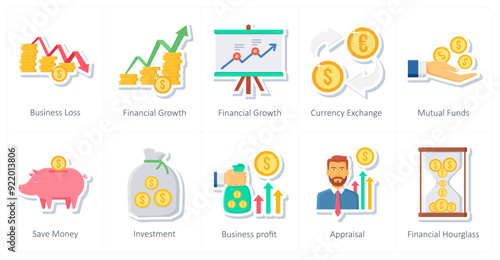 A set of 10 office and business icons as business loss, financial growth, currency exchange