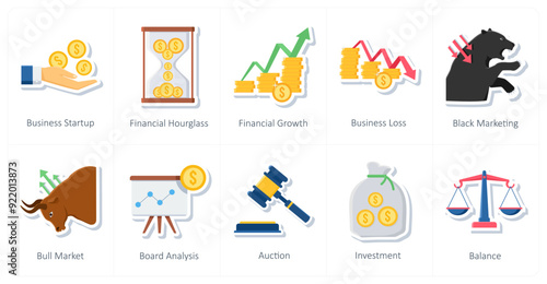 A set of 10 office and business icons as business startup, financial hourglass, financial growth