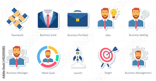 A set of 10 office and business icons as teamwork, business suite, business portfolio