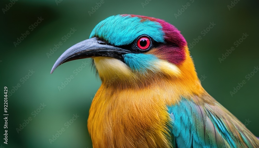 Brightly colored bird perched against a blurred green background during daylight hours Brightly colored bird perched against a blurred green background during daylight hours