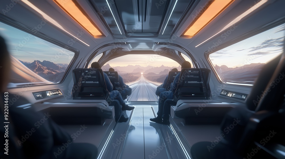 Futuristic train interior showcasing passengers traveling through a scenic landscape at dawn Futuristic train interior showcasing passengers traveling through a scenic landscape at dawn