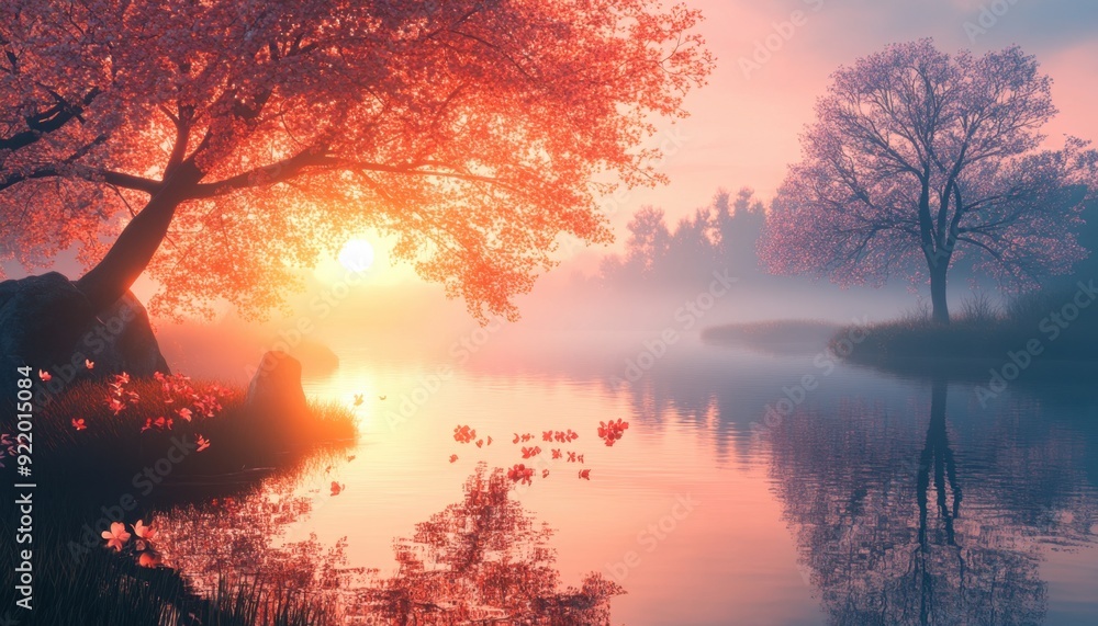 Sunset view over a tranquil lake surrounded by cherry blossom trees in spring Sunset view over a tranquil lake surrounded by cherry blossom trees in spring