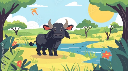 Create a illustration of a African buffalo by a riverbankin a kawaii style, simplified to feature fewer elements for a cleaner look, Use a color palette that is appealing to children, with brig photo