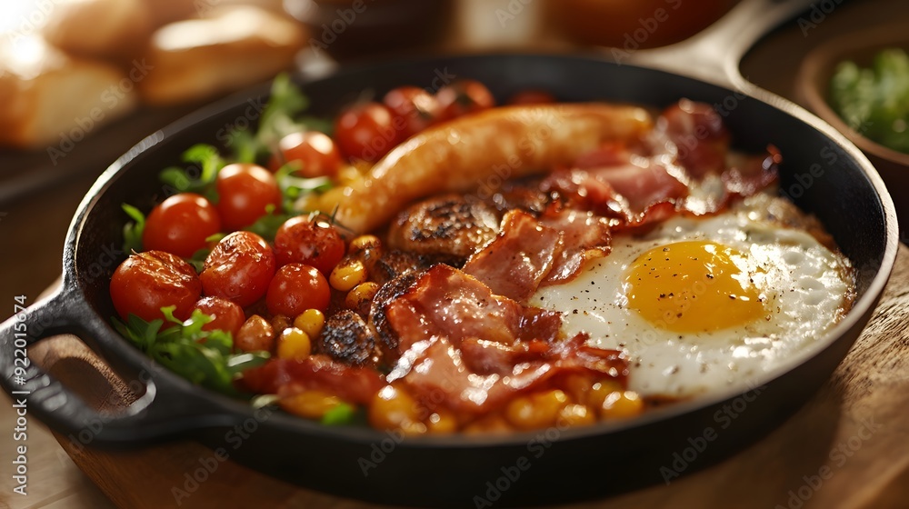 Traditional Irish breakfast in photorealistic cast iron pan Traditional Irish breakfast in photorealistic cast iron pan