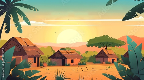 Create a illustration of a African tribal village nearbyin a kawaii style, simplified to feature fewer elements for a cleaner look, Use a color palette that is appealing to children, with brigh photo