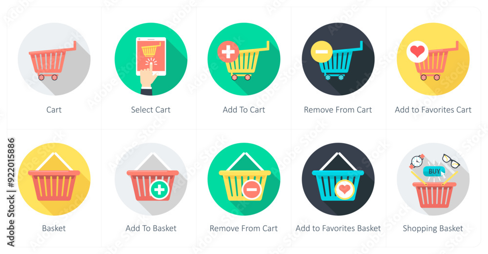A set of 10 shopping icons as cart, select cart, add to cart A set of 10 shopping icons as cart, select cart, add to cart