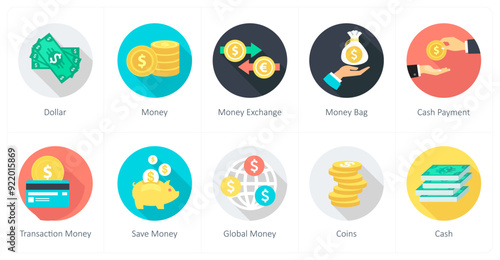A set of 10 shopping icons as dollar, money, money exchange