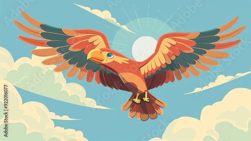 Create a illustration of a Birds of prey in the skyin a kawaii style, simplified to feature fewer elements for a cleaner look, Use a color palette that is appealing to children, with bright and photo