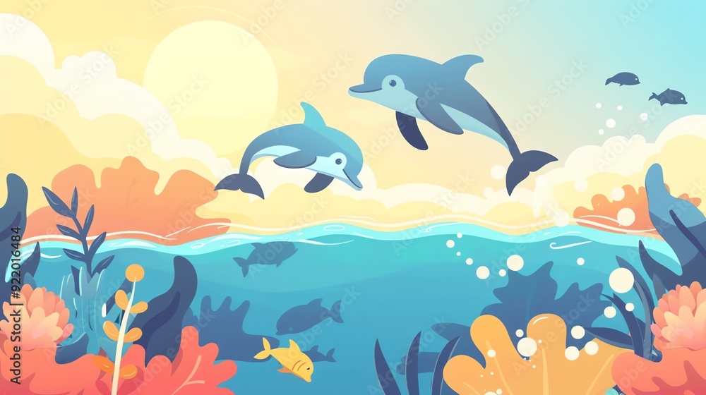 Fototapeta premium Create a illustration of a Dolphins jumping out of the waterin a kawaii style, simplified to feature fewer elements for a cleaner look, Use a color palette that is appealing to children, with b
