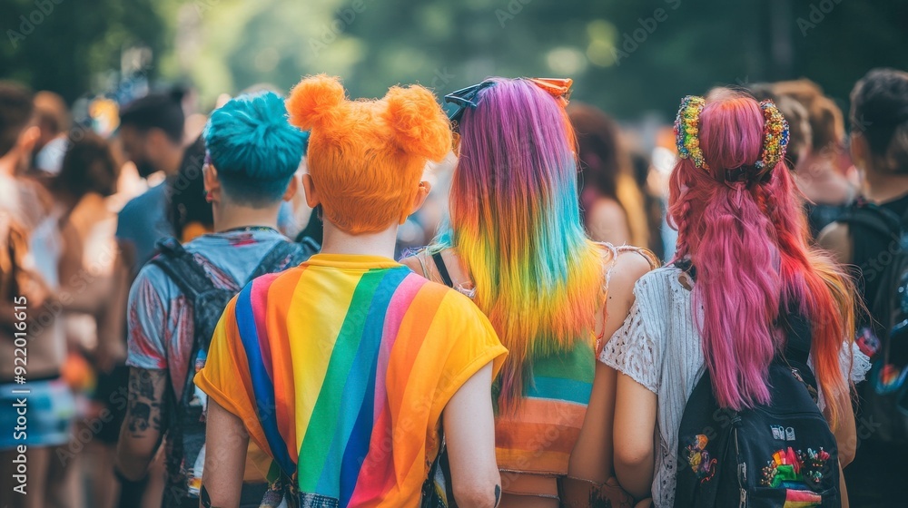 Fototapeta premium A vibrant group of people celebrating diversity at a festival with colorful hair and attire.