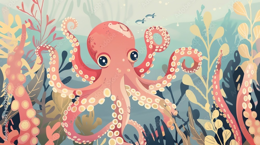 Create a illustration of a Giant octopus in a kelp forestin a kawaii style, simplified to feature fewer elements for a cleaner look, Use a color palette that is appealing to children, with brig Create a illustration of a Giant octopus in a kelp forestin a kawaii style, simplified to feature fewer elements for a cleaner look, Use a color palette that is appealing to children, with brig