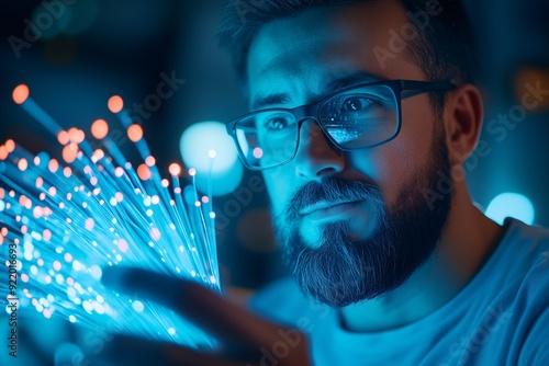 A man with a fiber optic cable. The waveguide. Modern technologies. High-speed Internet connection. Installation and maintenance photo