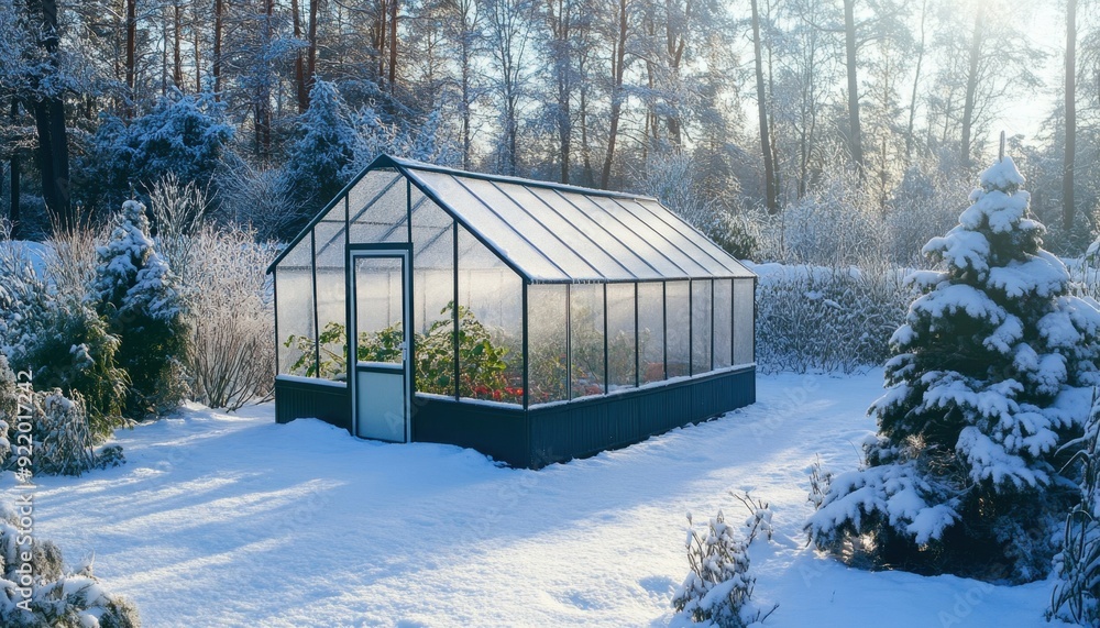 Snow-covered greenhouse surrounded by winter landscape with frosted trees in sunlight Snow-covered greenhouse surrounded by winter landscape with frosted trees in sunlight