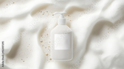 A bottle of cleanser was placed on top of the soft white foam. blank label, no text