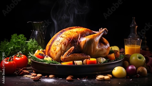 Roasted turkey with vegetables on dark background, perfect for Thanksgiving celebration. Generative AI photo