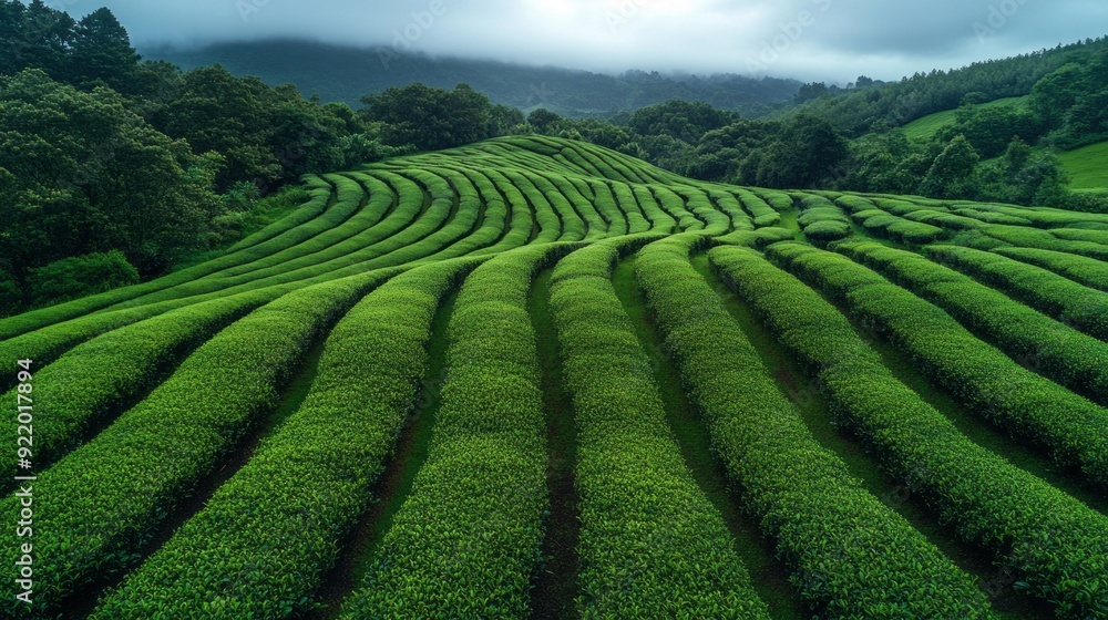 A lush green field with rows of plants and trees A lush green field with rows of plants and trees