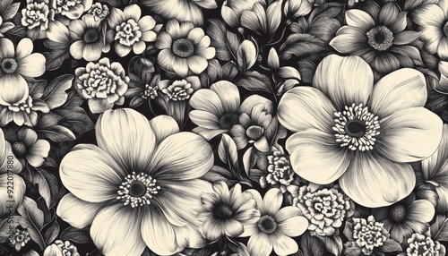 Detailed black and white floral pattern featuring various flowers on a dark background