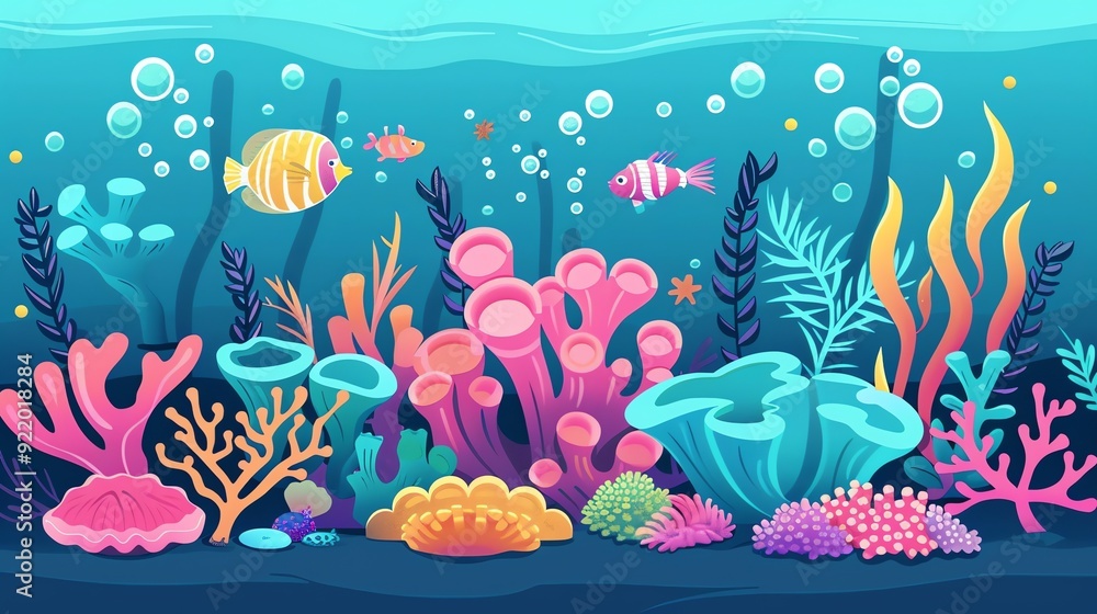 Create a illustration of a Coral polyps building a reefin a kawaii style, simplified to feature fewer elements for a cleaner look, Use a color palette that is appealing to children, with bright Create a illustration of a Coral polyps building a reefin a kawaii style, simplified to feature fewer elements for a cleaner look, Use a color palette that is appealing to children, with bright