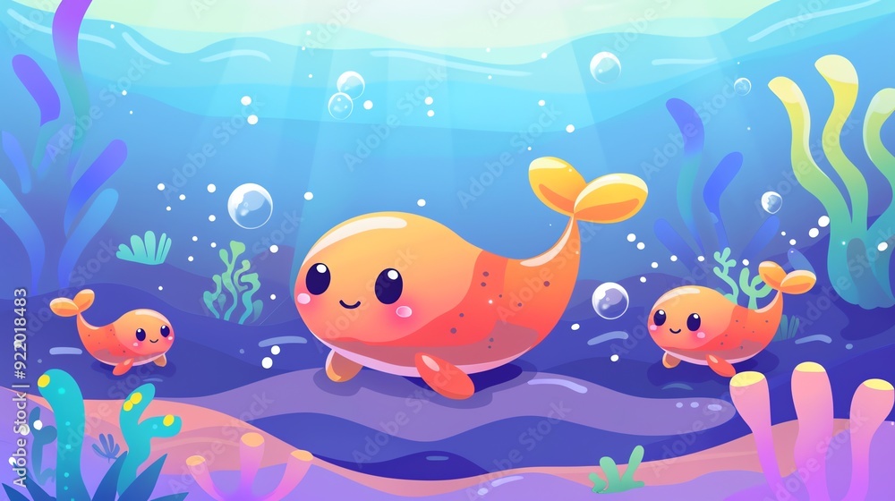 Fototapeta premium Create a illustration of a Sea cucumbers on the ocean floorin a kawaii style, simplified to feature fewer elements for a cleaner look, Use a color palette that is appealing to children, with br