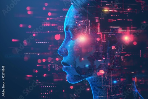 futuristic woman head embodying AI. Against a dark blue backdrop, the image is accented with pink highlights, creating an innovative visual concept.