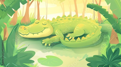 Create a illustration of a Crocodile resting by a pondin a kawaii style, simplified to feature fewer elements for a cleaner look, Use a color palette that is appealing to children, with bright photo