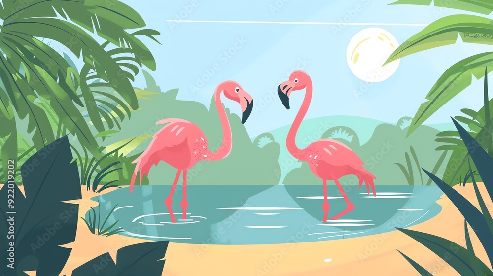 Obraz premium Create a illustration of a Flamingos in a shallow lakein a kawaii style, simplified to feature fewer elements for a cleaner look, Use a color palette that is appealing to children, with bright