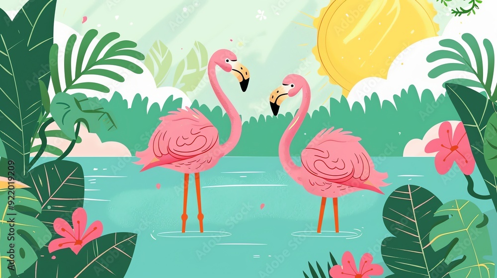 Create a illustration of a Flamingos in a shallow lakein a kawaii style, simplified to feature fewer elements for a cleaner look, Use a color palette that is appealing to children, with bright Create a illustration of a Flamingos in a shallow lakein a kawaii style, simplified to feature fewer elements for a cleaner look, Use a color palette that is appealing to children, with bright
