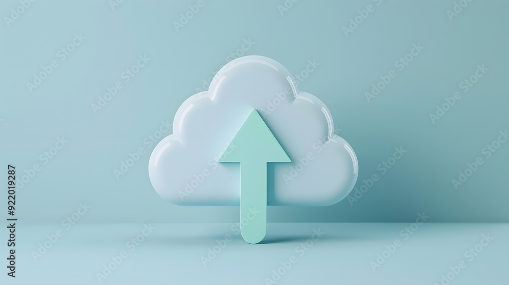 3D cloud icon with arrow pointing up on pastel blue background, representing cloud storage, upload, and internet technology. 3D cloud icon with arrow pointing up on pastel blue background, representing cloud storage, upload, and internet technology.
