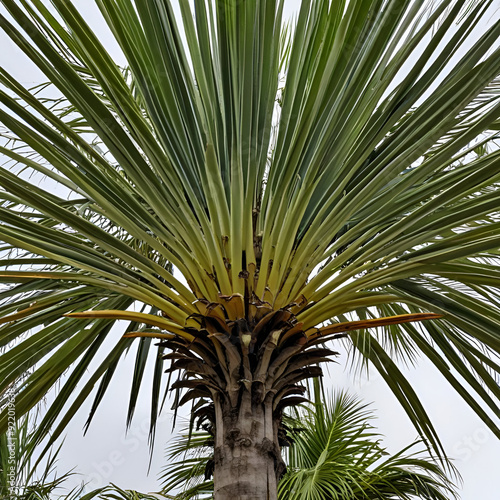 Traveler palm Palm trees, high key Palm branches with green leaves blue sky landscape background, photo