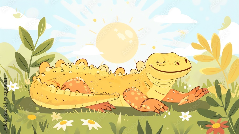 Create a illustration of a Komodo dragon sunbathingin a kawaii style, simplified to feature fewer elements for a cleaner look, Use a color palette that is appealing to children, with bright and Create a illustration of a Komodo dragon sunbathingin a kawaii style, simplified to feature fewer elements for a cleaner look, Use a color palette that is appealing to children, with bright and