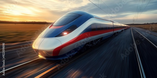 Train for passengers, sleek modern aerodynamic, moving fast through farmland. Shiny hi tech, near future