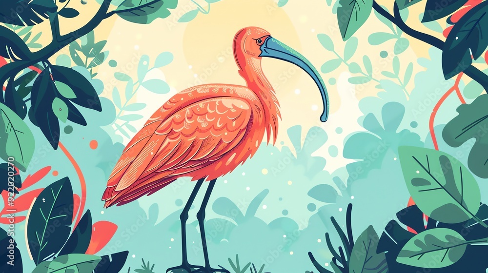 Create a illustration of a Scarlet ibis with vibrant plumagein a kawaii style, simplified to feature fewer elements for a cleaner look, Use a color palette that is appealing to children, with b Create a illustration of a Scarlet ibis with vibrant plumagein a kawaii style, simplified to feature fewer elements for a cleaner look, Use a color palette that is appealing to children, with b