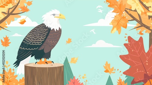 Create a illustration of a Bald eagle in flightin a kawaii style, simplified to feature fewer elements for a cleaner look, Use a color palette that is appealing to children, with bright and che photo