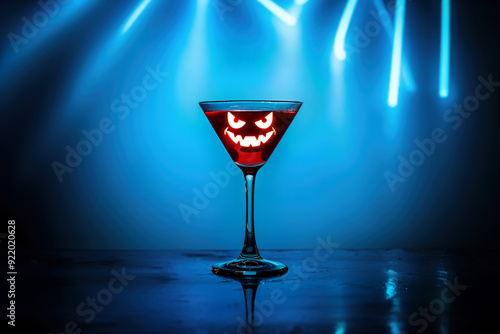 Red devil martini like cocktail drink with diabolical eyes and smiling teeth grin placed on a table with hazy blue nightclub atmosphere and bright lights in the background. photo