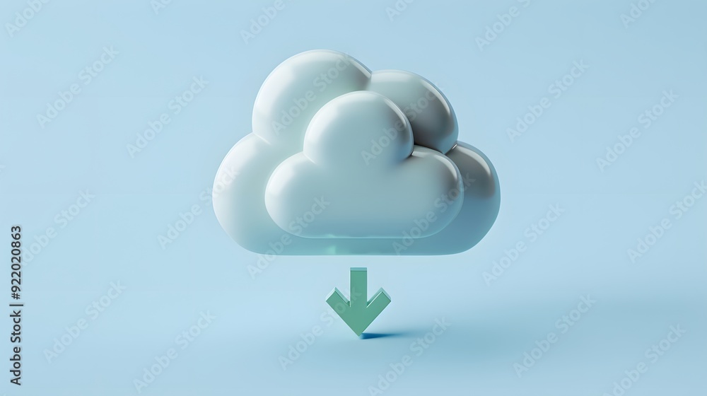 3D cloud storage icon with download arrow, representing online data transfer and cloud computing, isolated on blue background. 3D cloud storage icon with download arrow, representing online data transfer and cloud computing, isolated on blue background.