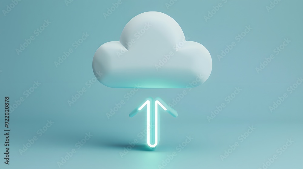 3D cloud storage concept with a glowing neon upload icon on a light blue background, representing cloud computing and data storage solutions. 3D cloud storage concept with a glowing neon upload icon on a light blue background, representing cloud computing and data storage solutions.