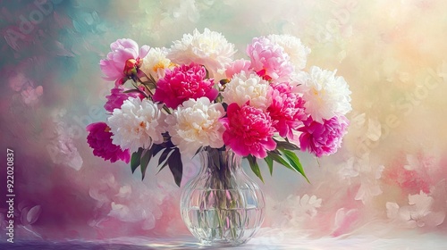Bouquet of pink and white peonies standing in a vase on blurred background