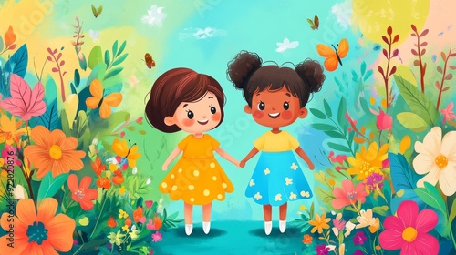 Two happy children holding hands surrounded by butterflies and flowers