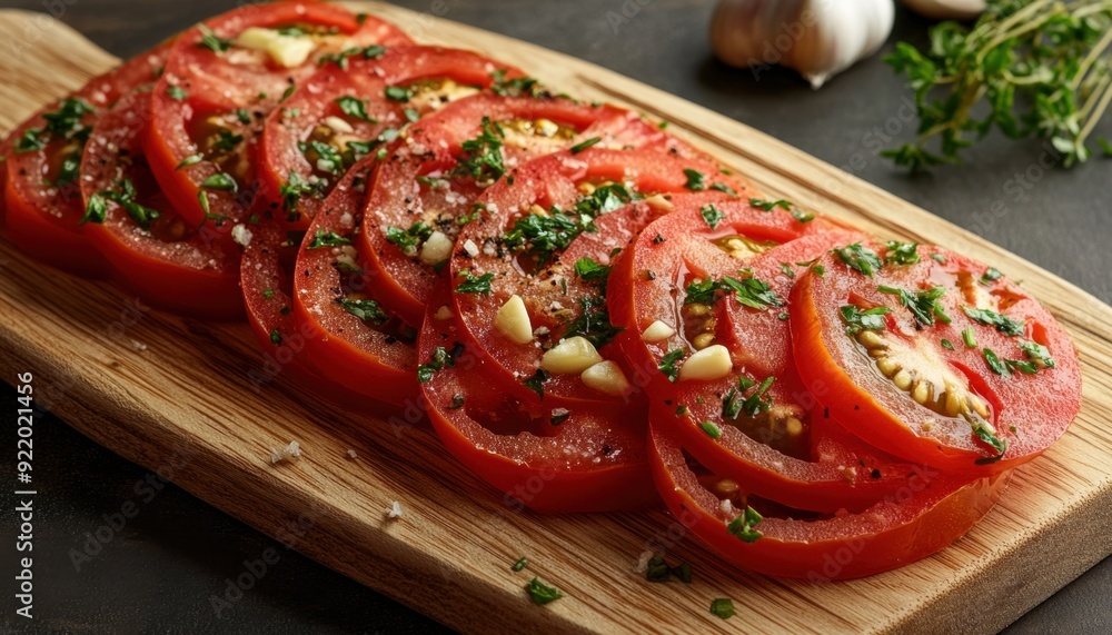 Sliced tomatoes with garlic and herbs on a wooden cutting board Sliced tomatoes with garlic and herbs on a wooden cutting board