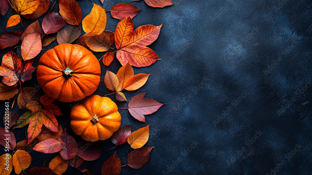 Autumn flat lay with pumpkins and colorful leaves on a dark textured background
Autumn flat lay with pumpkins and colorful leaves on a dark textured background