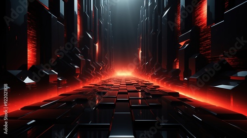 Fototapeta Naklejka Na Ścianę i Meble -  Red glowing futuristic tunnel with black glossy blocks.
