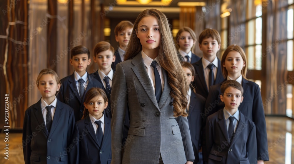 A group of children dressed in business attire standing confidently in an office setting. Their serious expressions and professional appearance emphasize ambition and leadership. A group of children dressed in business attire standing confidently in an office setting. Their serious expressions and professional appearance emphasize ambition and leadership.