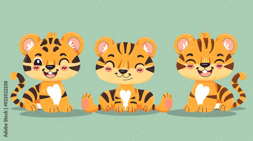 Create a illustration of a Tiger cubs at playin a kawaii style, simplified to feature fewer elements for a cleaner look, Use a color palette that is appealing to children, with bright and cheer Create a illustration of a Tiger cubs at playin a kawaii style, simplified to feature fewer elements for a cleaner look, Use a color palette that is appealing to children, with bright and cheer
