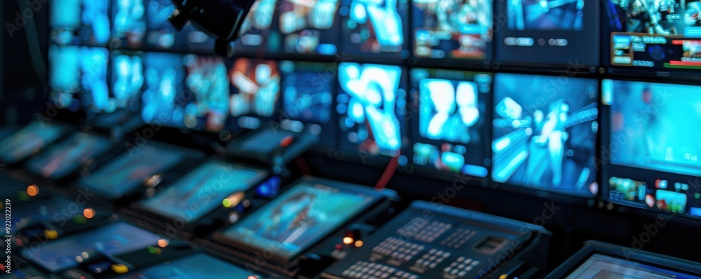 Multiple screens in a broadcast control room displaying various feeds. Multiple screens in a broadcast control room displaying various feeds.