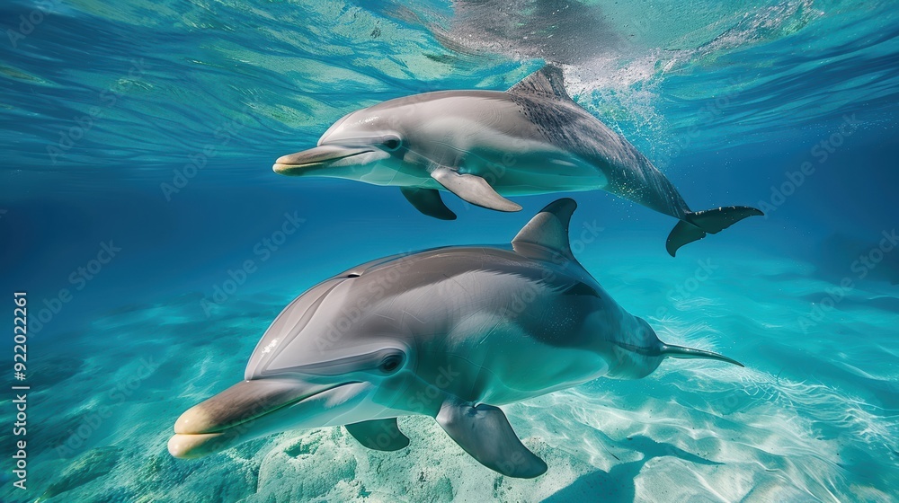 Obraz premium Dolphins swimming gracefully underwater, their sleek bodies gliding through the clear blue ocean. The sunlight filtering through the water enhances the beauty of this aquatic scene.