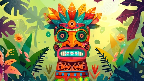 Create a illustration of a Ancient jungle totem polesin a kawaii style, simplified to feature fewer elements for a cleaner look, Use a color palette that is appealing to children, with bright a photo